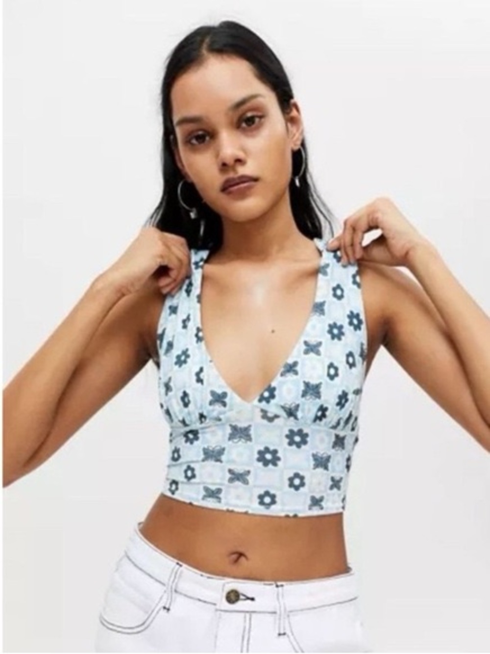 Urban Outfitters Blue Floral V-Neck Crochet Crop Top